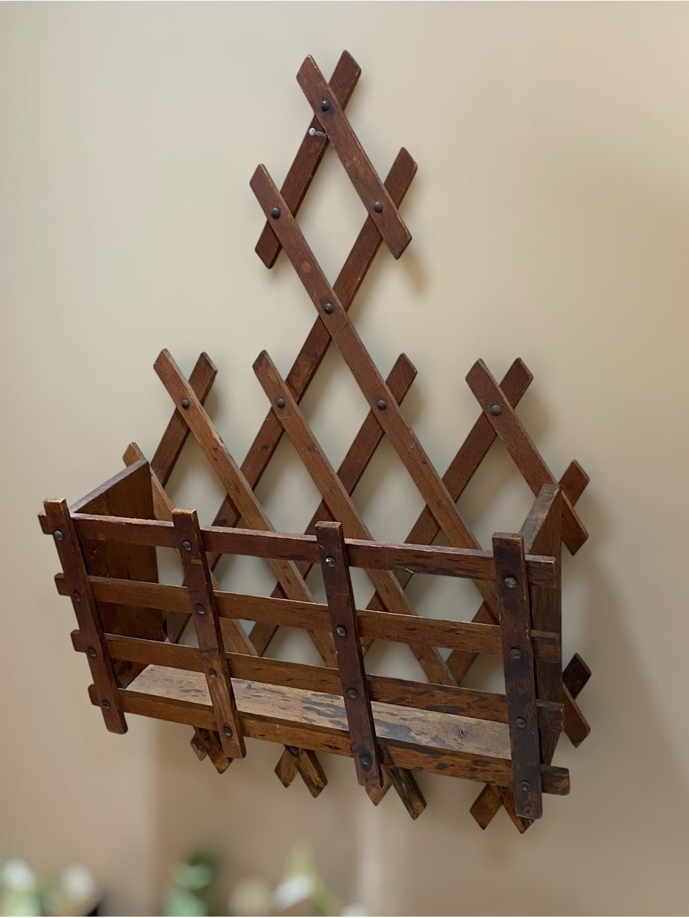Antique Folk Art c1880 Victorian Lattice Wood Wall Pocket Farmhouse Cottage 25”h